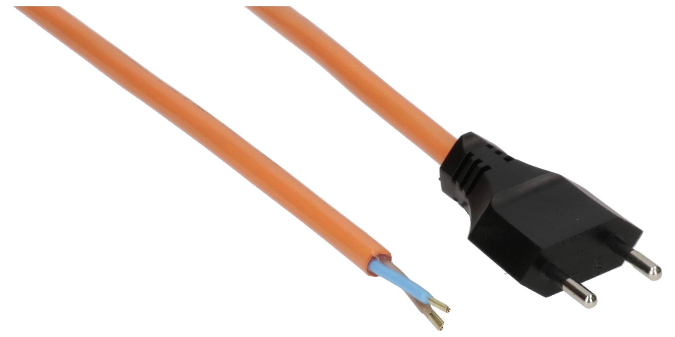 Ein oranges Stromkabel mit zwei freiliegenden Enden neben einem schwarzen Stecker mit zwei Metallstiften, was eine Stromverbindungsanordnung anzeigt.
