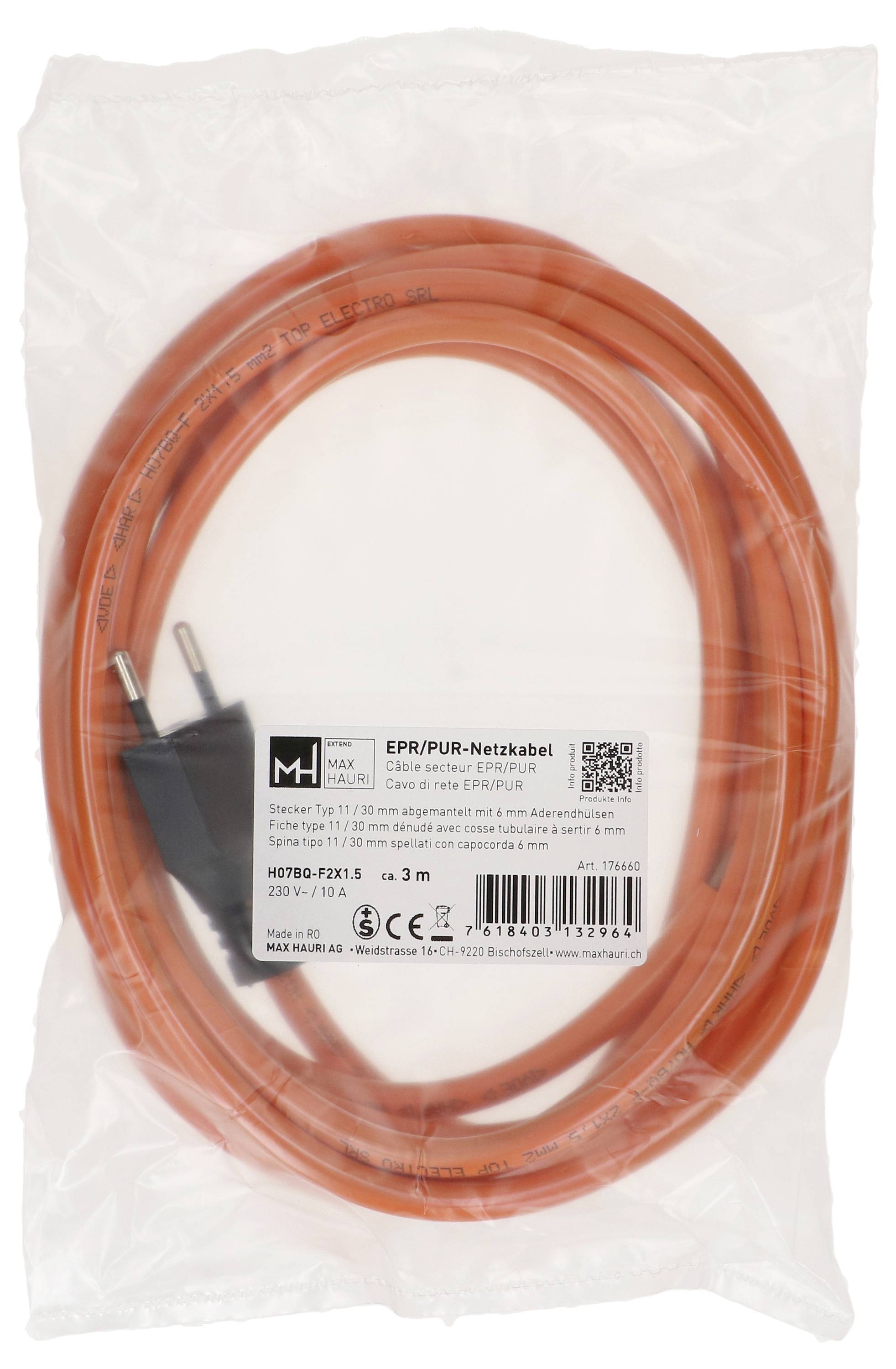Ein oranges Verlängerungskabel in Kunststoffverpackung mit europäischem Stecker, 3 Meter lang, mit der Bezeichnung „EPR/PUR-Netzkabel", geeignet für die Innenraumnutzung.
