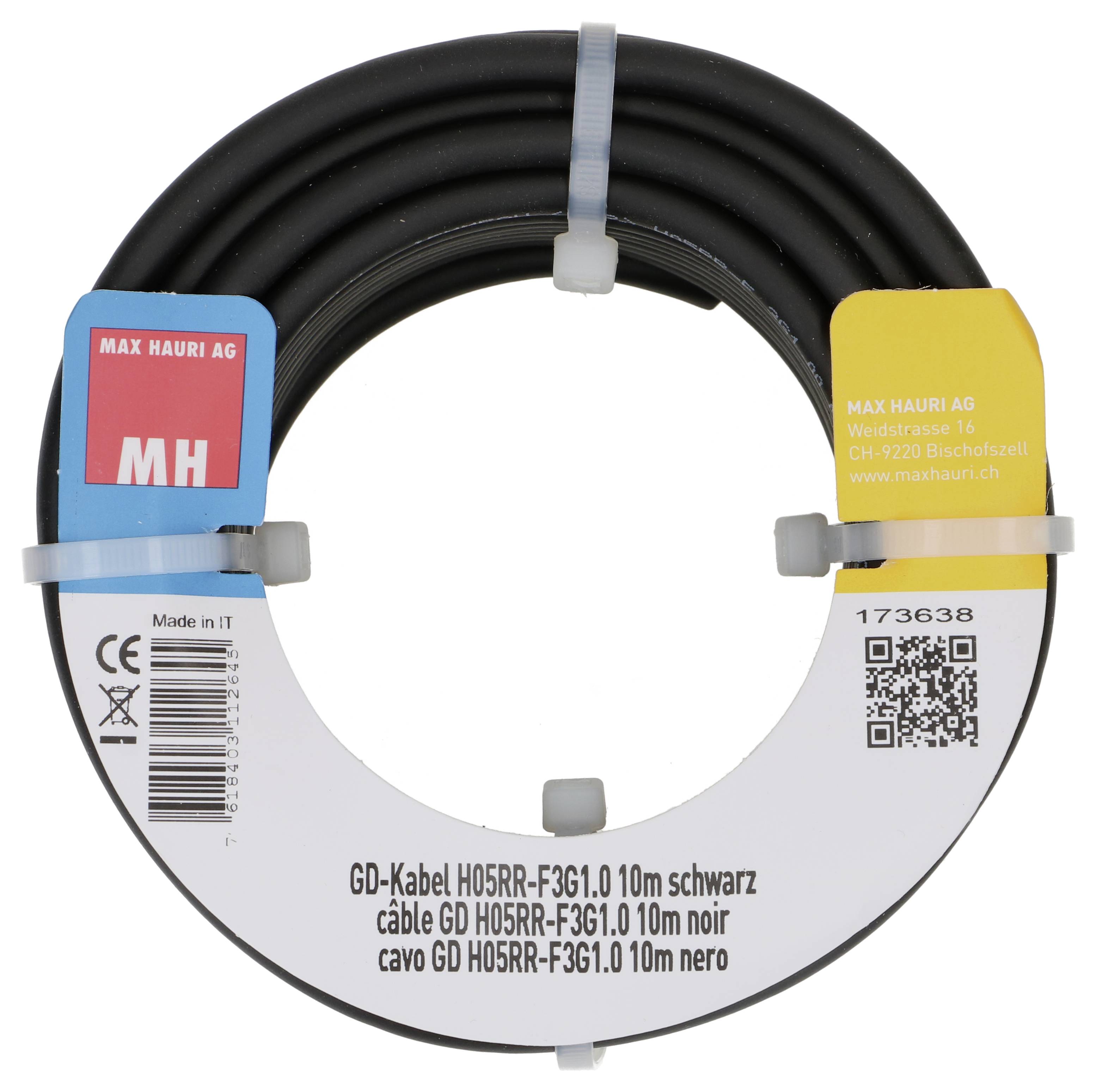 'Schwarzes Kabel GD H05RR-F3G1.0 10m' aufgerollt mit einem blauen und roten Etikett mit 'Max Hauri AG'. Das Etikett enthält Herstellerangaben und einen QR-Code.