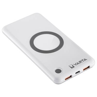 Eine weiße VARTA Powerbank mit einer kreisförmigen Ladefläche, USB-Anschlüssen und einem Netzschalter, entwickelt zum Laden tragbarer Geräte.