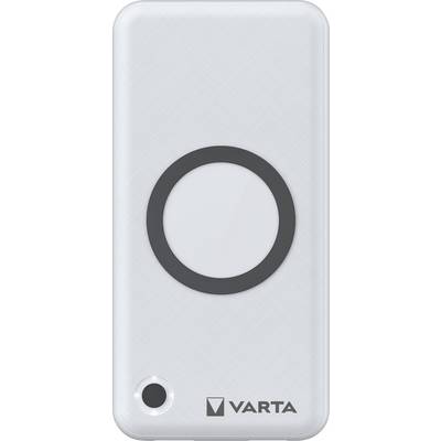 Eine weiße Varta-Powerbank mit einem kreisförmigen Design in der Mitte und einem kleinen Loch in der Nähe der unteren linken Ecke, mit dem Varta-Logo darunter.