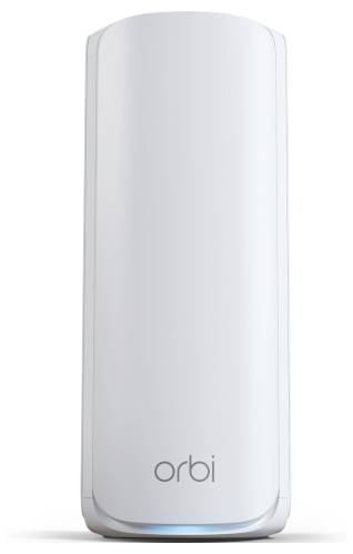 Ein weißer zylindrischer Smart WiFi 6E Router mit der Marke „orbi" am unteren Ende, entwickelt zur Verbesserung der drahtlosen Internetabdeckung in Privathaushalten.