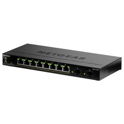 NETGEAR-Netzwerk-Switch mit acht Ethernet-Anschlüssen und zwei Glasfaseranschlüssen, Modell G5310TP. Grüne Leuchten zeigen aktive Anschlüsse an.