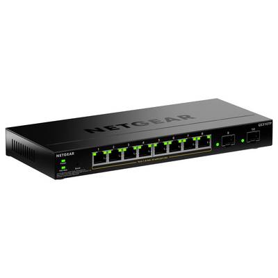 „Netgear GS310TP" Netzwerk-Switch mit acht Ethernet-Anschlüssen und zwei Faseranschlüssen, LED-Indikatoren und Ein-/Ausschalter, konzipiert für IT-Umgebungen.