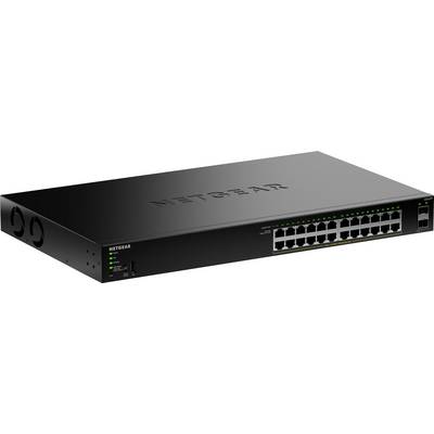 Ein schwarzer NETGEAR-Netzwerk-Switch mit mehreren Ethernet-Anschlüssen und LED-Indikatoren auf der Frontplatte. Geeignet für die Rackmontage.