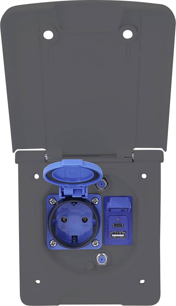 Elektrischer Schaltkasten mit aufgeklapptem Deckel, ausgestattet mit einer blauen Steckdose, USB-Anschluss und Steckverbindern, für die Verwendung im Freien konzipiert.