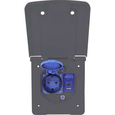Elektrischer Schaltkasten mit aufgeklapptem Deckel, ausgestattet mit einer blauen Steckdose, USB-Anschluss und Steckverbindern, für die Verwendung im Freien konzipiert.