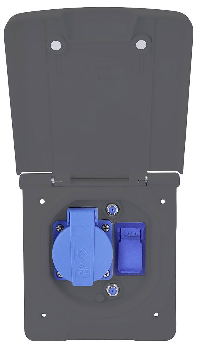 Eine graue Abdeckung für eine Elektrosteckdose ist offen und zeigt eine blaue Steckdose und einen Schalter, die für den Außenbereich mit Wetterschutz ausgelegt sind.