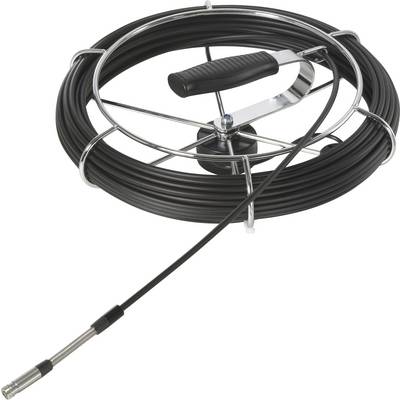 Aufgewickeltes Rohrreinigungsschlangen-Spiralrohr mit schwarzem Kabel, Metalltrommel und Handkurbel.