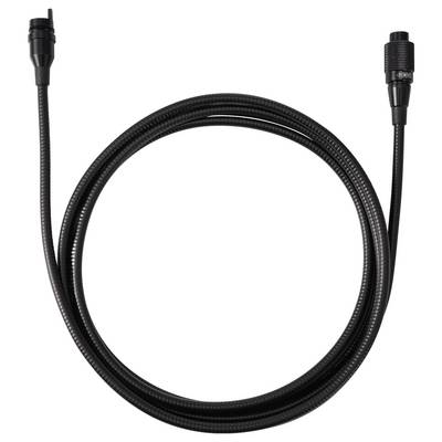 Aufgewickeltes schwarzes Kabel mit Anschlüssen an beiden Enden, dargestellt auf einem einfachen weißen Hintergrund.