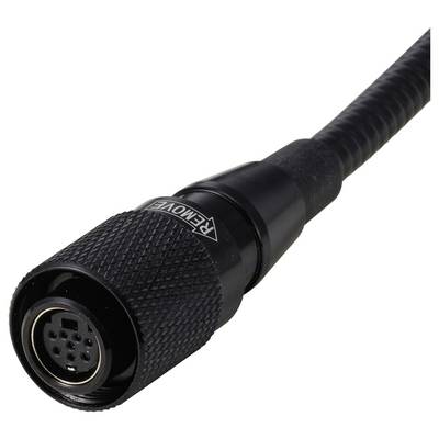 Nahaufnahme eines schwarzen runden Mehrfach-Stecker-Anschlusses mit gerilltem Griff und angeschlossenem Kabel auf weißem Hintergrund.
