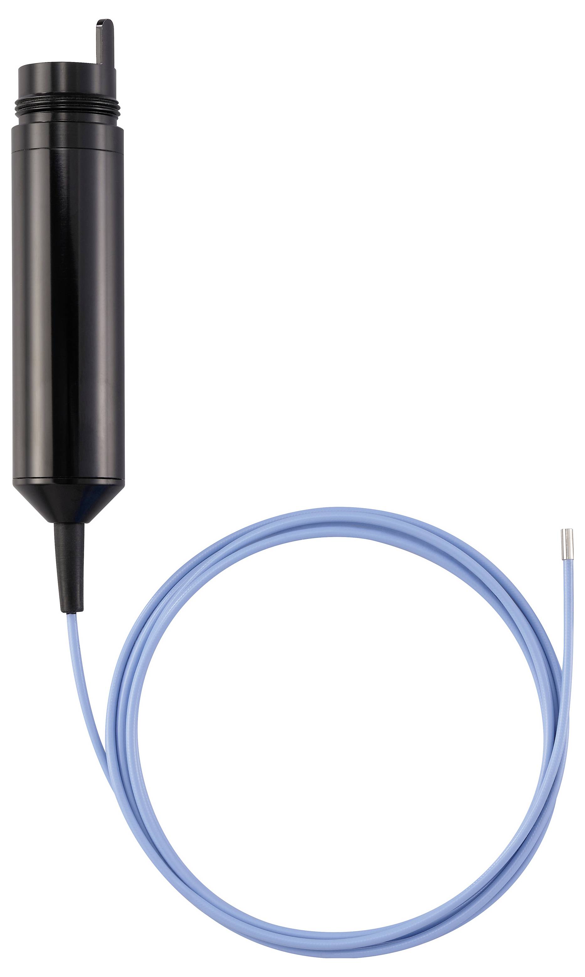 Schwarzer zylindrischer Sensor oder Sonde mit einem langen blauen Kabel, das darunter aufgerollt ist, auf weißem Hintergrund dargestellt.