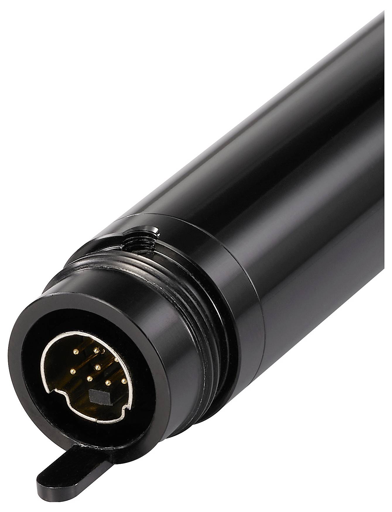 Nahaufnahme eines schwarzen zylindrischen Metallsteckers oder einer schwarzen zylindrischen Metallvorrichtung mit einem kreisförmigen mehrpoligen elektrischen Stecker am Ende.