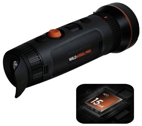 Schwarze tragbare Wärmekamera mit der Bezeichnung „WILD 650DL PRO" mit einer Einblendung, die „NED 15 mk" zeigt.