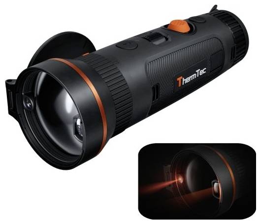 Eine schwarze Wärmeleuchte mit einem orangefarbenen Knopf, mit der Marke „ThermTec". Die Einfügung zeigt rote Lichtemission und zeigt ihre Funktionsfähigkeit an.