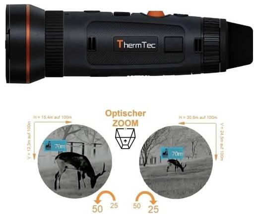 "ThermTec" schwarzes Wärmemessgerät, das die optische Zoomfunktion bei Hirschen in einer Außenumgebung zeigt, beschriftet mit Messentfernungen.