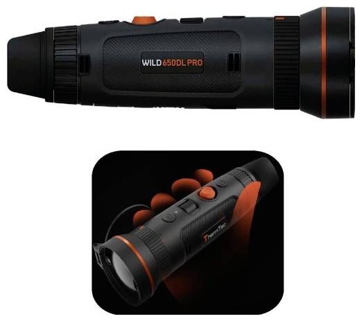 Tragbares schwarz-oranges Wärmebildgerät mit der Bezeichnung „WILD 650DL PRO"; kleineres Bild zeigt es beim Aussenden von Licht.