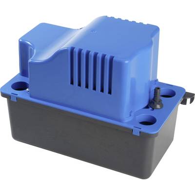 Eine blau und schwarze Wasserpumpe, die zum Entfernen von Kondenswasser konzipiert ist, mit sichtbaren Belüftungsöffnungen und Schlauchverbindung auf der Oberseite.