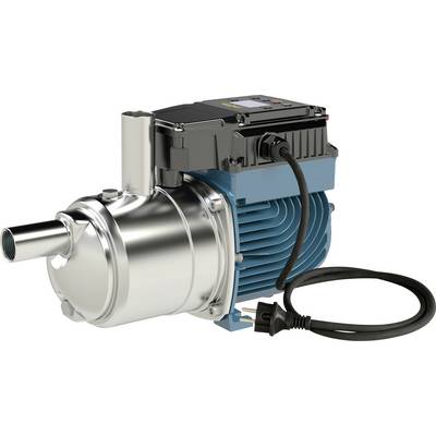 Ein blau-silberner Elektromotor mit zylindrischem Metallgehäuse, schwarzem Schaltkasten und angeschlossenem Stromkabel, verwendet für Pumpanwendungen.