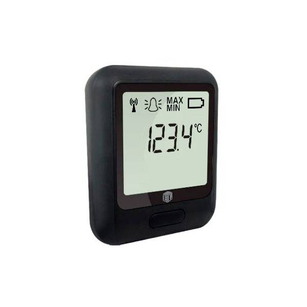 Digitales Thermometer zeigt „123,4°C" an, mit Symbolen für Funksignal, Batteriezustand und „MAX MIN"-Option in einem schwarzen Rahmen.