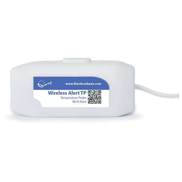 Eine weiße "Wireless Alert TP"-Temperatursondengerät mit einem QR-Code auf seiner Seite angezeigt. Es wird für Wi-Fi-Temperaturwarnungen verwendet.