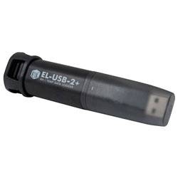 Ein schwarzes EL-USB-2+ Gerät zur Datenerfassung von Temperatur und Luftfeuchte mit einem USB-Anschluss an einem Ende.