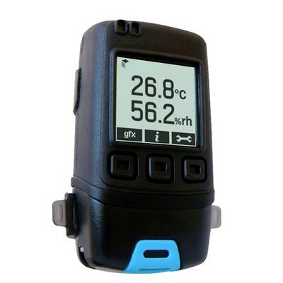 Ein digitales Hygrometer zeigt eine Temperatur von „26,8°C" und eine Luftfeuchtigkeit von „56,2% rH" an. Am unteren Rand befinden sich drei Schaltflächen und Symbole für Einstellungen, Informationen und Grafiken.