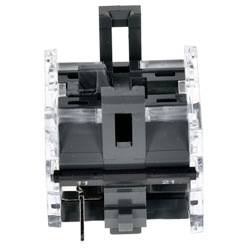 Ein schwarzer mechanischer Tastenschalter mit transparentem Gehäuse, mit quadratischem Schaft, entwickelt zur Verwendung in Tastaturen oder ähnlichen Geräten.
