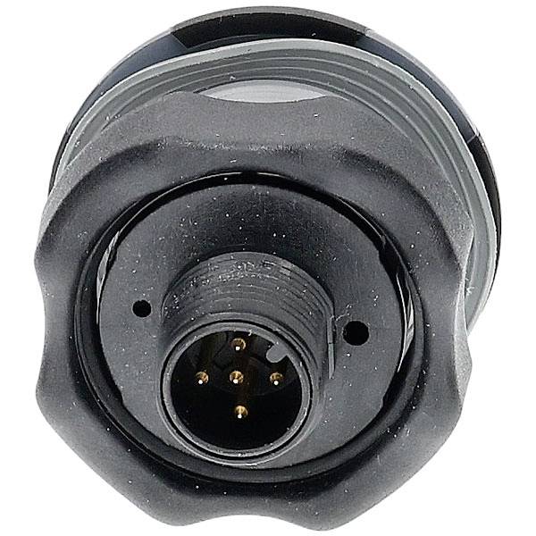 Ein schwarzer, kreisförmiger elektronischer Stecker mit mehreren vergoldeten Kontakten, entwickelt für industrielle oder Schiffahrtsanwendungen.