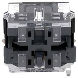 Ein transparenter mechanischer Schalter mit transparentem Gehäusedeckel, schwarzem Innengehäuse und sichtbaren Metallkontakten, häufig in Tastaturen verwendet.