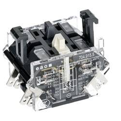 Ein rechteckiges, schwarzes, transparentes Relaisschalter mit beschrifteten Metallklemmen und Befestigungsklammern, aus einem leicht schrägen Blickwinkel betrachtet.