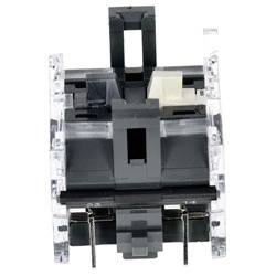 Ein Nahaufnahmefoto einer elektrischen Komponente mit einem transparenten Außengehäuse und schwarzen sowie weißen internen Teilen.