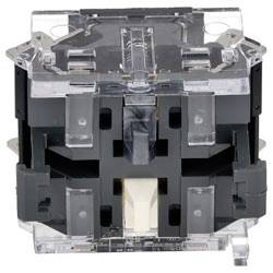 Eine Nahaufnahme eines mechanischen Tastaturschalters mit transparentem Gehäuse, das interne Komponenten und einen weißen Stiel in der Mitte zeigt.