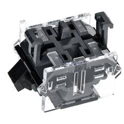 Eine transparente Kunststoff- und schwarze mechanische Komponente, möglicherweise ein Schalter oder Verbindungsmodul, mit sichtbarer innerer Struktur und Anschlußpunkten.