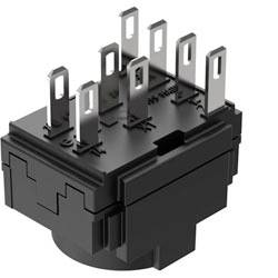 Ein runder Metall-Druckschalter mit den Beschriftungen „ON" und „OFF" auf seiner schwarzen Oberfläche, mit einem blauen Ring um den Knopf.