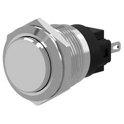 Ein rundes, silberfarbenes Metalldruckknopfschalter ohne Beleuchtung, mit schwarzer Basis und zwei Anschllussklemmen, geeignet für elektronische Geräte oder Maschinen.