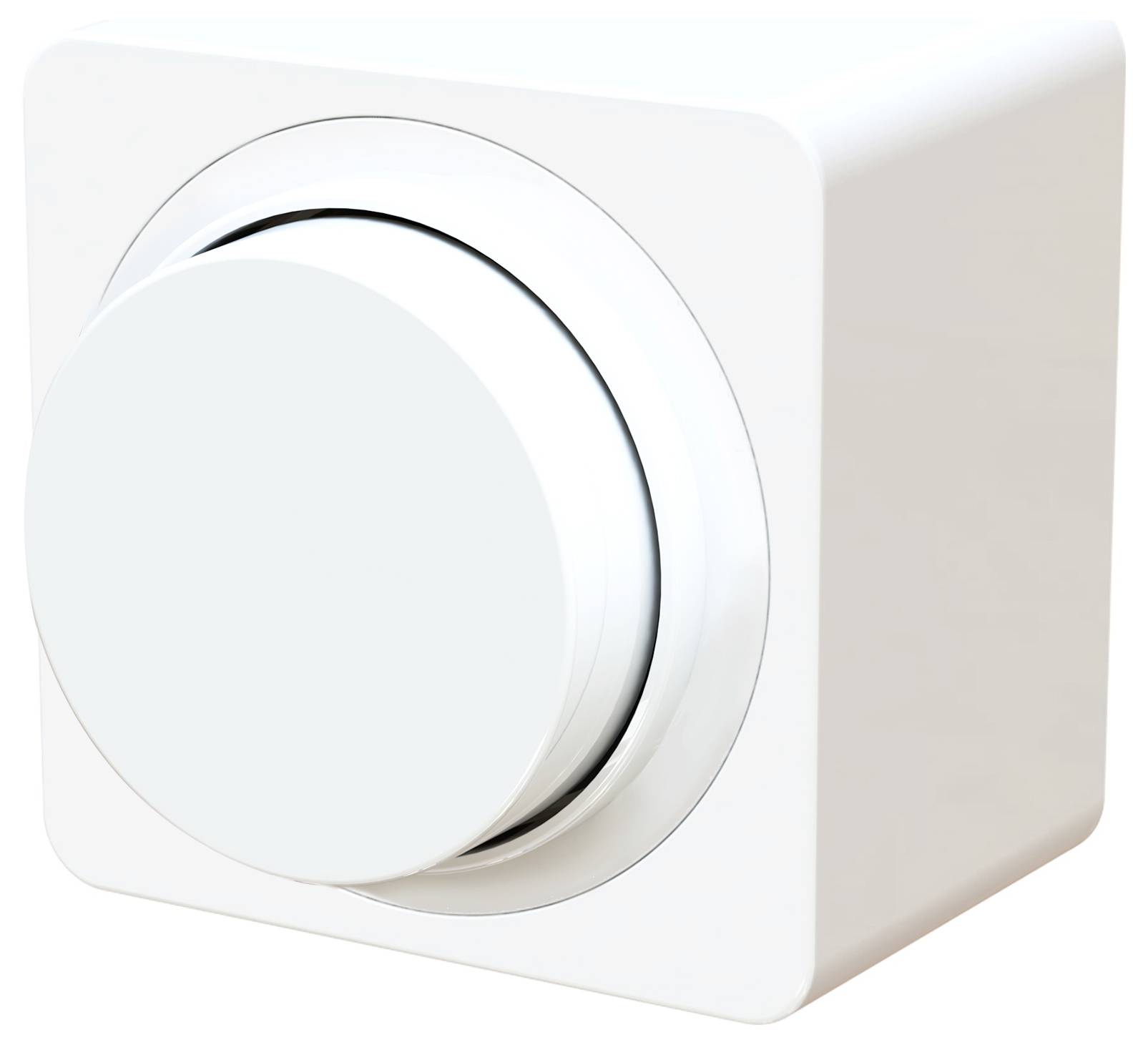 Eine Nahaufnahme eines weißen rechteckigen Lautstärkeregler-Knopfes an der Wand, leicht geneigt, die seine glatte Oberfläche und das minimalistische Design zeigt.