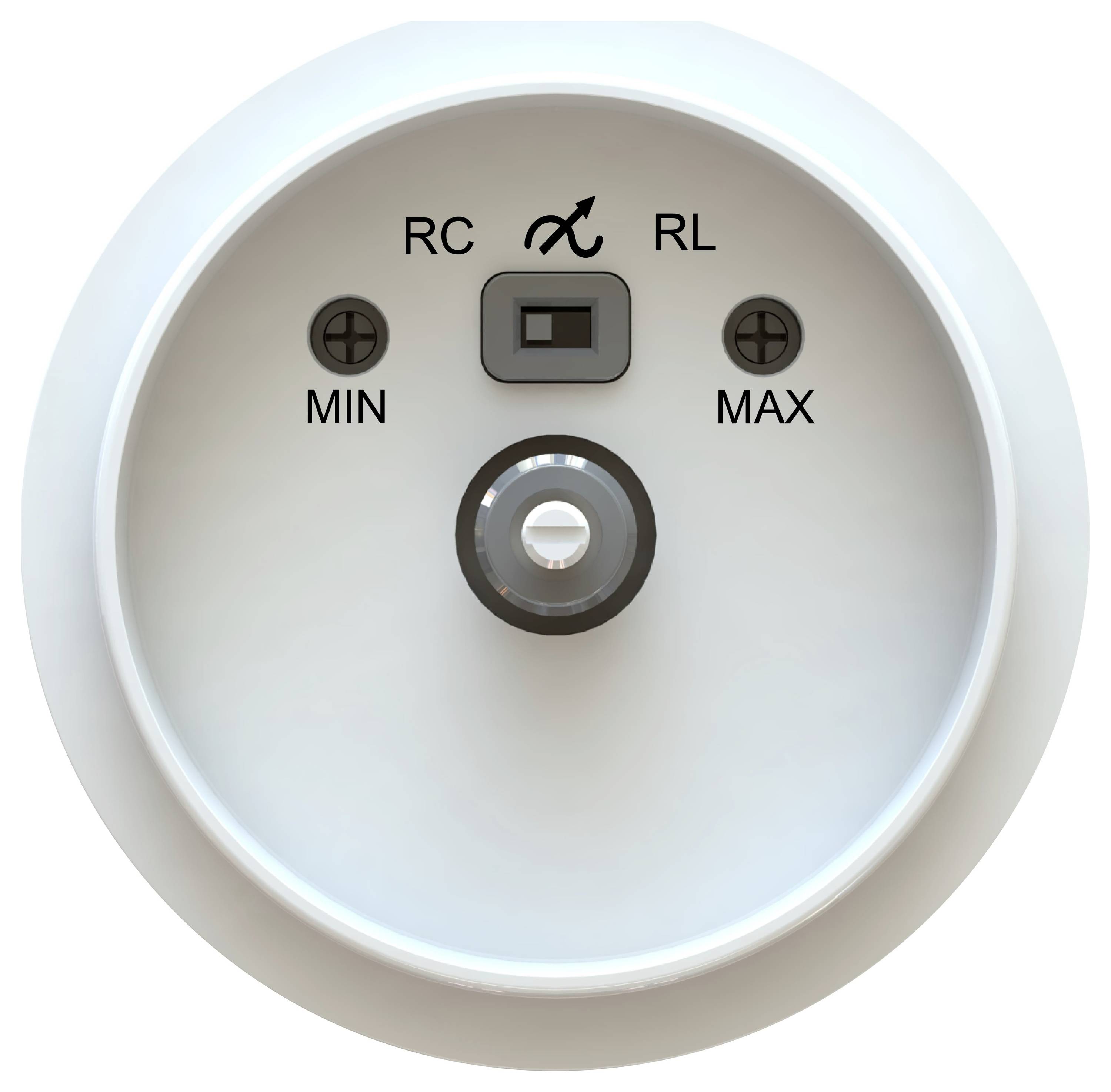 Ein weißes kreisförmiges Zifferblatt mit einem zentralen Drehknopf, der Pfeile und Beschriftungen aufweist: 'RC', 'RL', 'MIN' und 'MAX', die einstellbare Einstellungen anzeigen.