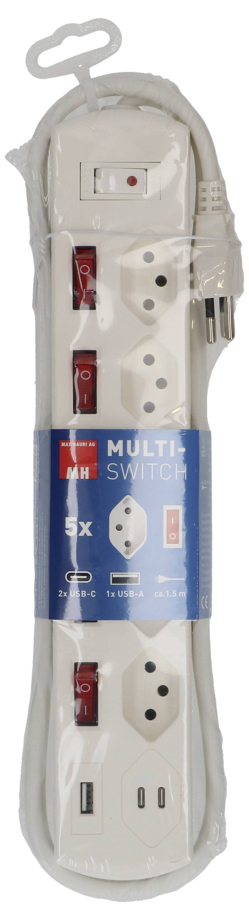 Steckerleiste mit fünf Steckdosen, drei Schaltern, USB-Anschlüssen und einem blauen Etikett mit der Aufschrift „Multi Switch 5X".