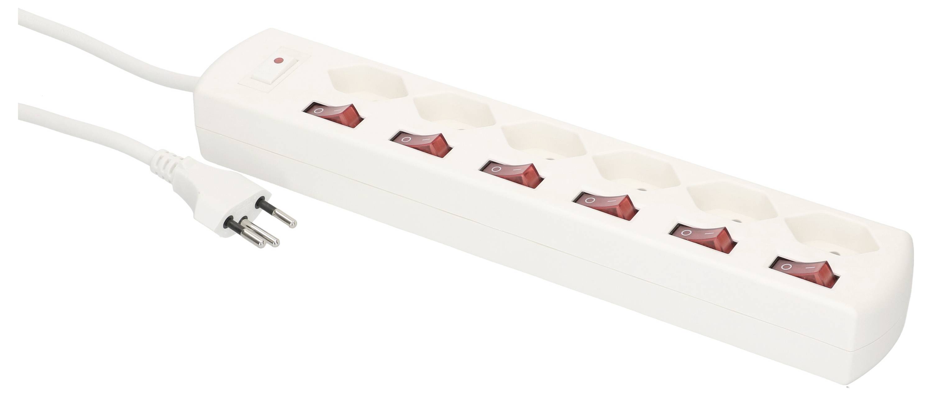Ein weißes Steckdosenleisten mit sechs Steckdosen, jede mit individuellen roten Ein-/Aus-Schaltern, und einem weißen Kabel und Stecker.