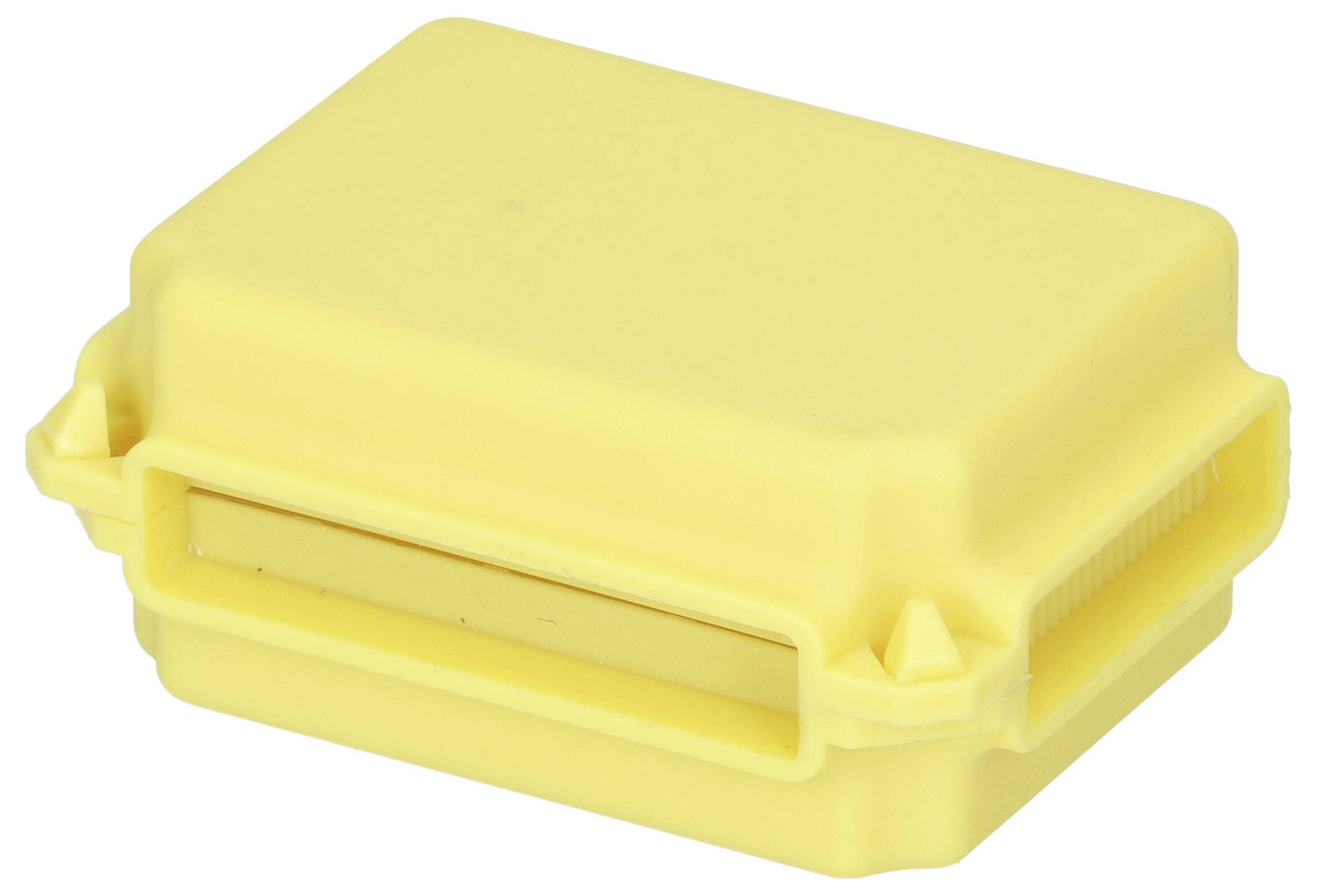 Eine gelbe Kunststoff-Aufbewahrungsbox mit geschlossenem Deckel, ausgestattet mit einem kleinen Verschluss auf der Vorderseite, konzipiert zur sicheren Aufbewahrung kleiner Gegenstände.