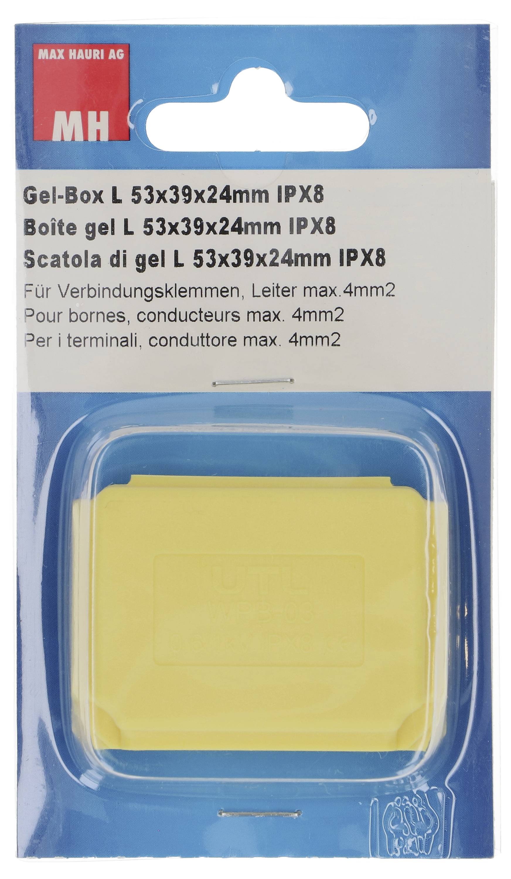 Ein Paket mit einer gelben Gelbox mit der Bezeichnung „Gel-Box L 53x39x24mm IPX8" für Kabelverbindungen bis 4mm², von Max Hauri AG.
