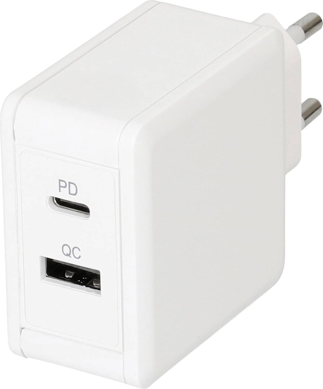 Ein weißes elektronisches Ladegerät mit zwei Anschlüssen mit den Bezeichnungen „PD" und „QC", entwickelt zum schnellen Aufladen von Geräten.