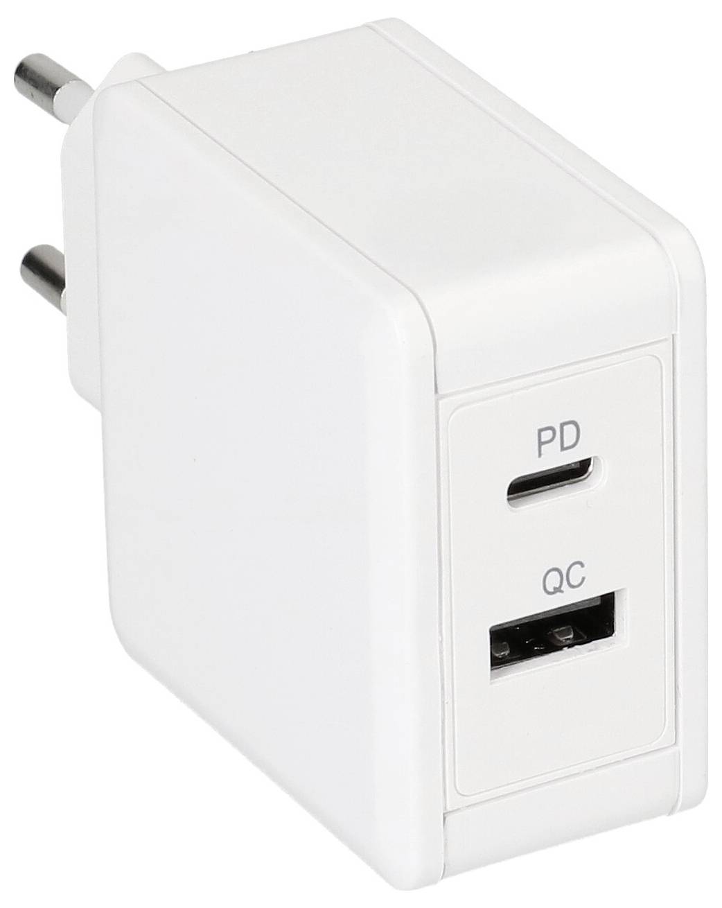 Ein weißes Wandladegerät mit zwei USB-Anschlüssen mit den Bezeichnungen „PD" und „QC", entwickelt für schnelles Laden von elektronischen Geräten.