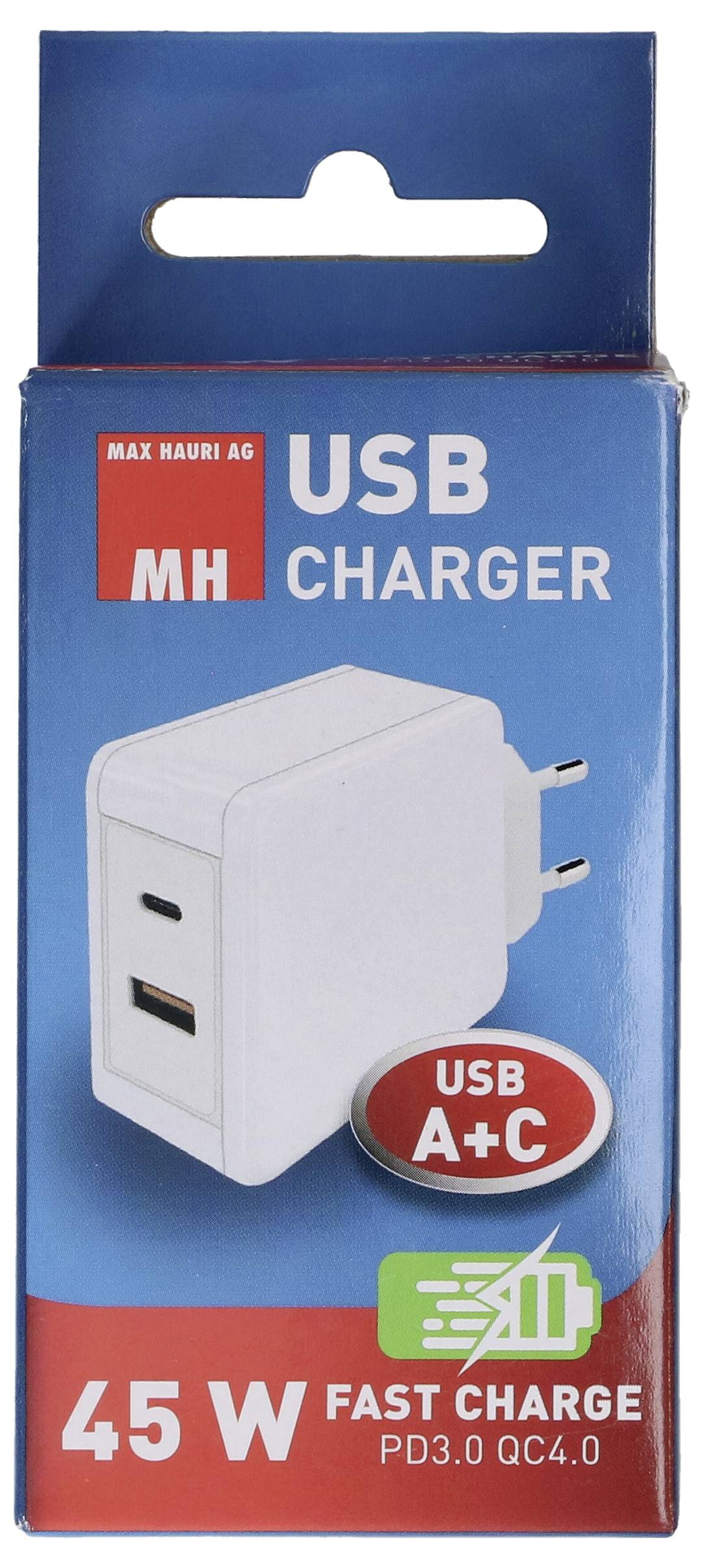 „MH USB Ladegerät" Verpackung mit einem weißen Dual-Port-Adapter für USB A und C, beschriftet mit „45W Schnellladung PD3.0 QC4.0".