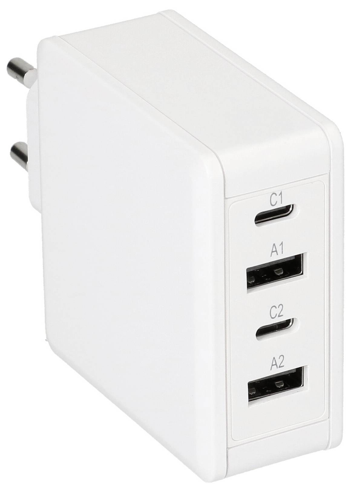Ein weißes Multi-Port-USB-Wandladegerät mit zwei USB-A- und zwei USB-C-Anschlüssen, gekennzeichnet mit A1, A2, C1 und C2.