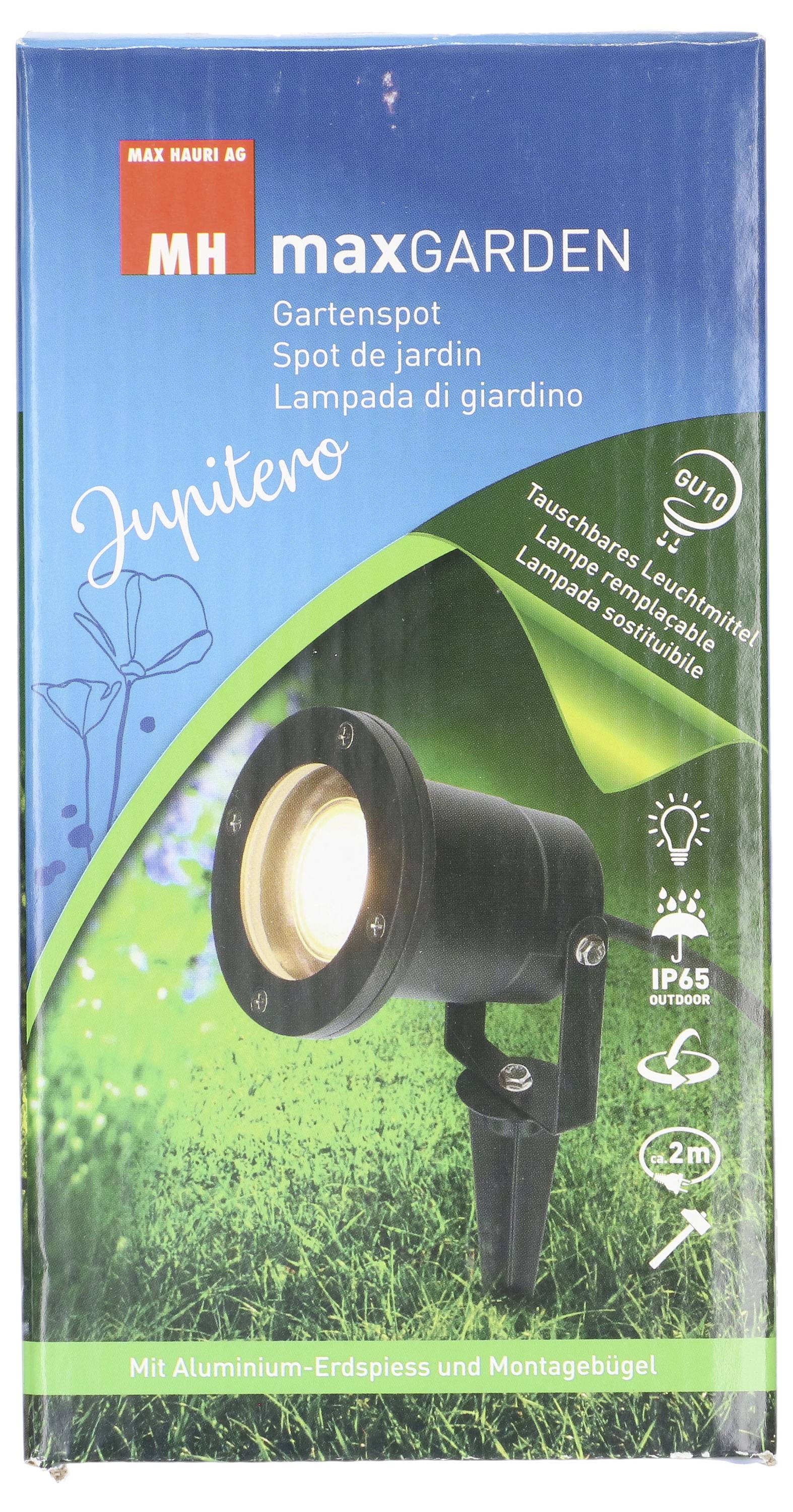 Karton für 'maxGARDEN' Gartenspotlight mit der Bezeichnung 'Jupitero', zeigt eine Außenleuchte mit Spezifikationen: IP65, GU10, 2,2m Kabel.