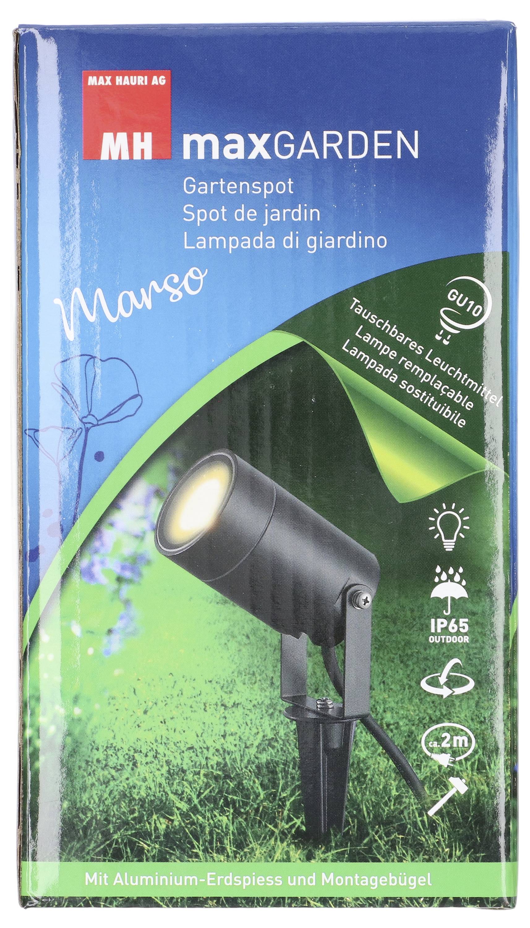 Verpackungsbox für „maxGARDEN" Gartenleuchte mit Leuchtenabbildung und Produktdetails: IP65-Schutzart, LED, max. 2m Reichweite.