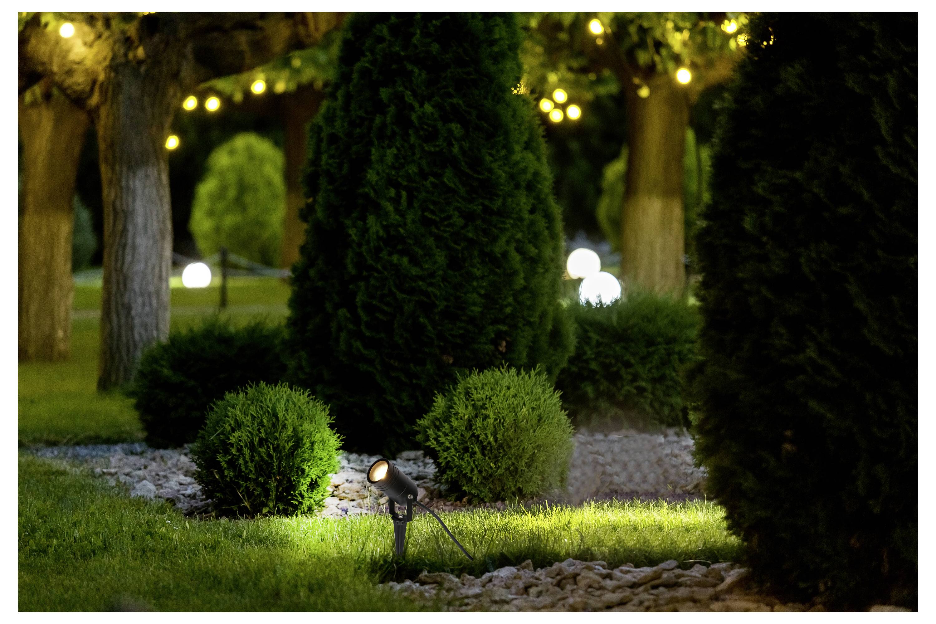 Eine nächtliche Gartenszene mit beleuchteten Bäumen und Büschen, ausgestattet mit kleinen Scheinwerfern und kugelförmigen Leuchten, die eine ruhige Atmosphäre schaffen.