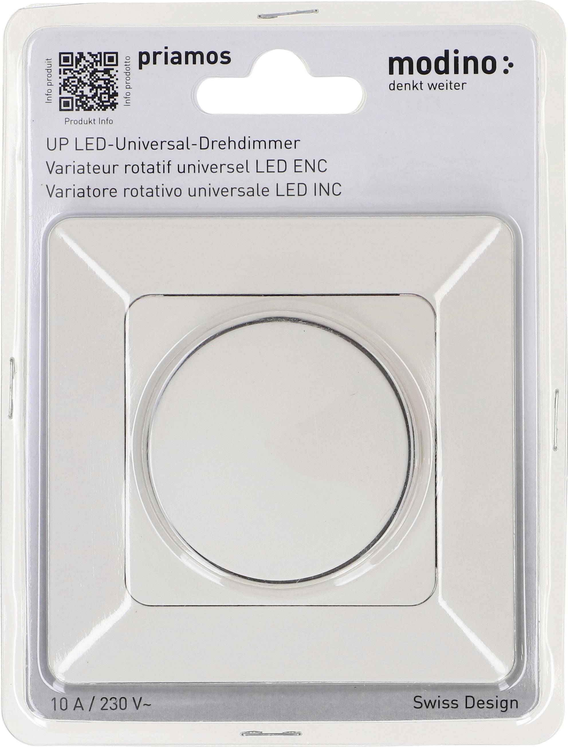 „Priamos" universelle LED-Drehstufenschalter-Verpackung. Merkmale: 10 A / 230 V~ Kapazität, Schweizer Design, QR-Code für Produktinformationen.